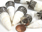 1 Pendant - Tibetan pendants shell pendant Tibetan silver color capped conical grooved ribbed shell pendant - PM322M