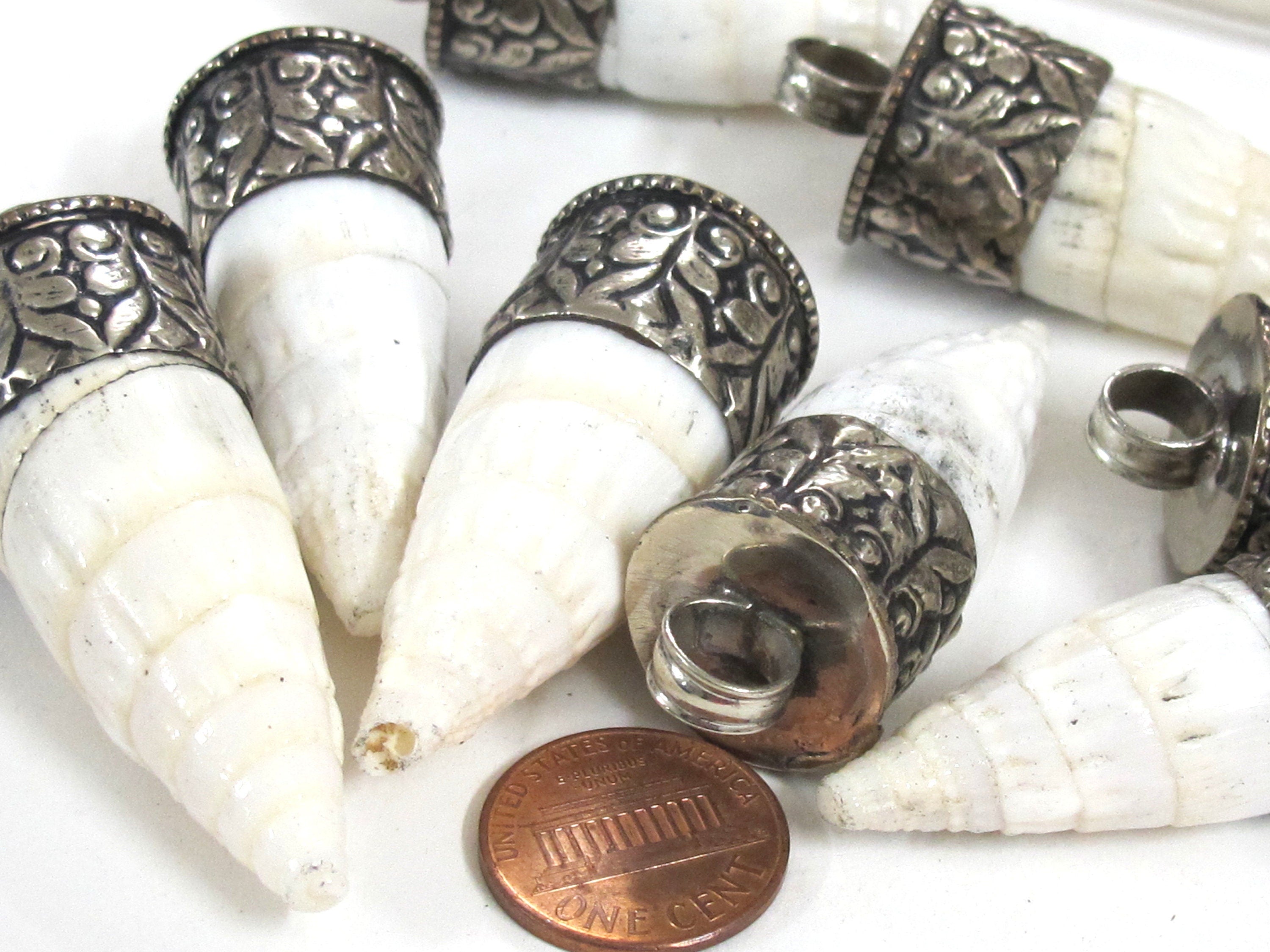 1 Pendant - Tibetan pendants shell pendant Tibetan silver color capped conical grooved ribbed shell pendant - PM322M