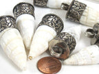 1 Pendant - Tibetan pendants shell pendant Tibetan silver color capped conical grooved ribbed shell pendant - PM322M