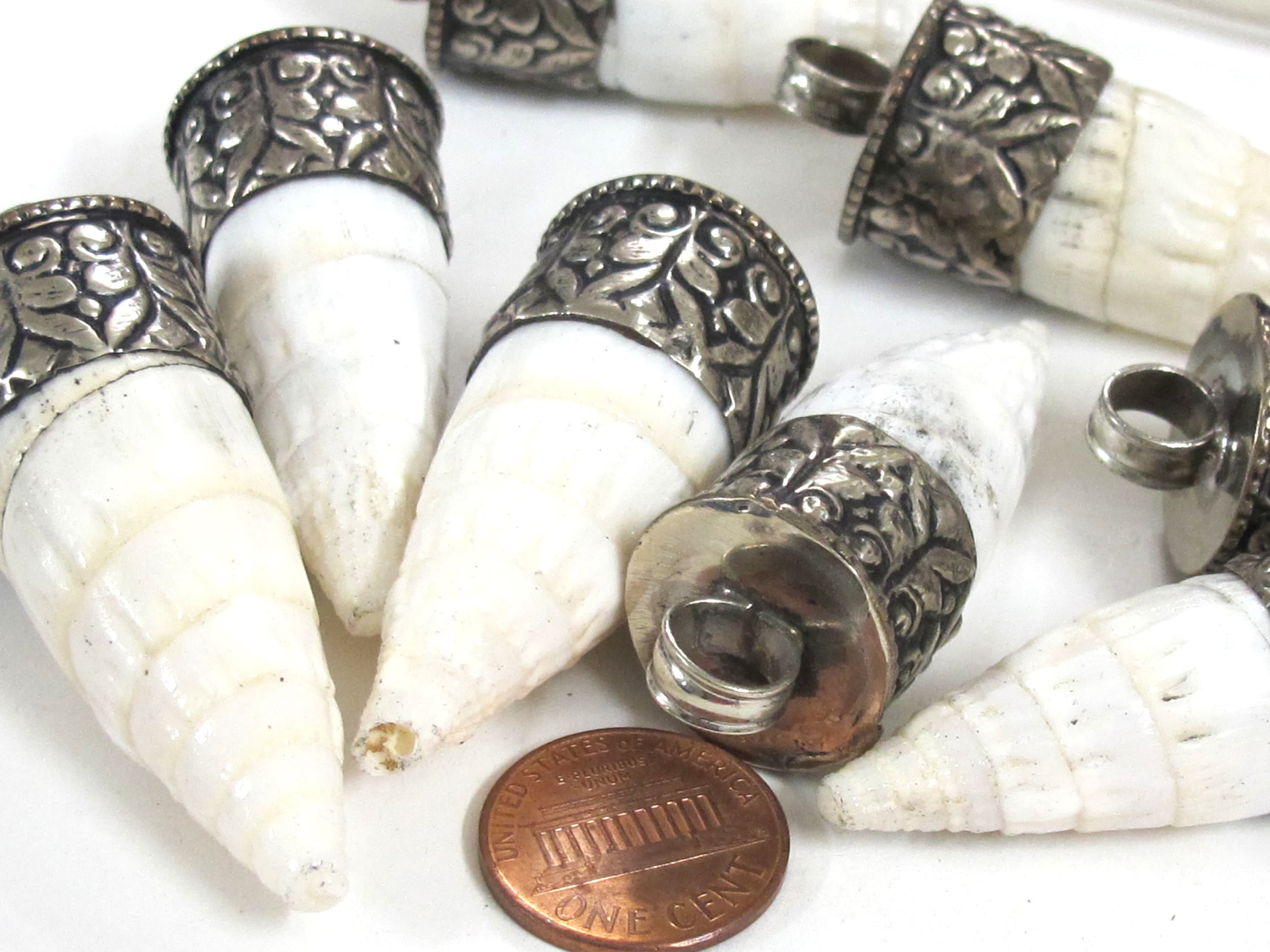 1 Pendant - Tibetan pendants shell pendant Tibetan silver color capped conical grooved ribbed shell pendant - PM322M