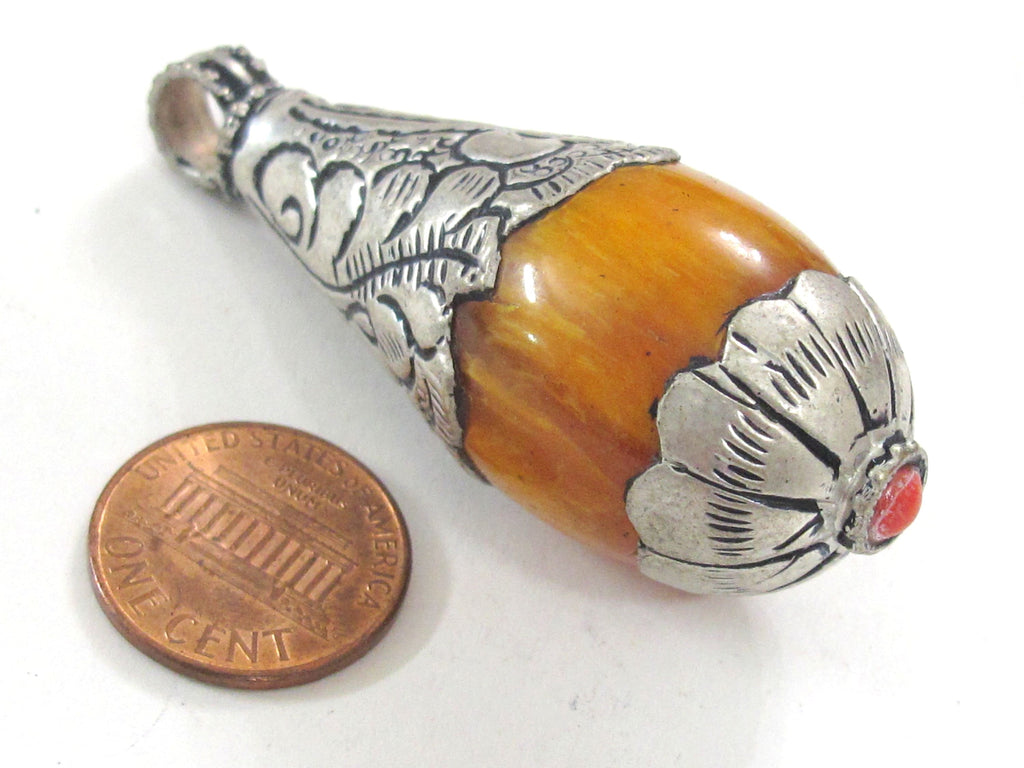 1 Pendant - Large Teardrop shape Tibetan silver color Lotus floral leaf design copal resin pendant Nepal - PM422K