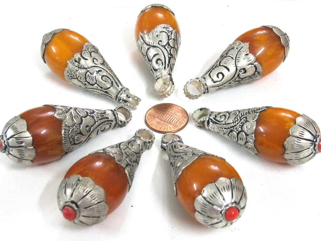 1 Pendant - Large Teardrop shape Tibetan silver color Lotus floral leaf design copal resin pendant Nepal - PM422K