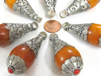 1 Pendant - Large Teardrop shape Tibetan silver color Lotus floral leaf design copal resin pendant Nepal - PM422K