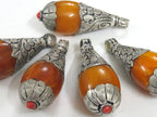 1 Pendant - Large Teardrop shape Tibetan silver color Lotus floral leaf design copal resin pendant Nepal - PM422K