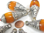 1 Pendant - Large Teardrop shape Tibetan silver color Lotus floral leaf design copal resin pendant Nepal - PM422K
