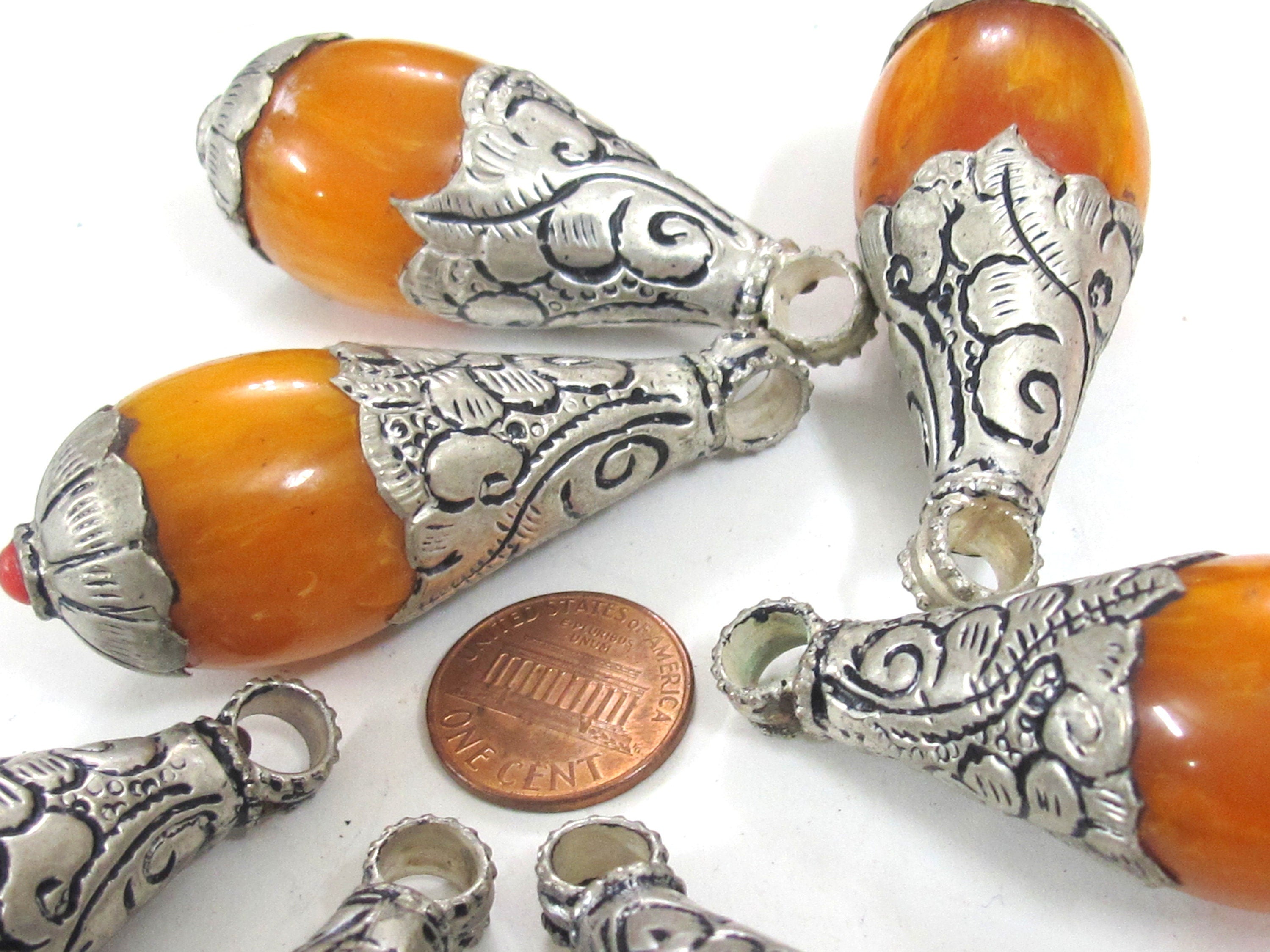 1 Pendant - Large Teardrop shape Tibetan silver color Lotus floral leaf design copal resin pendant Nepal - PM422K