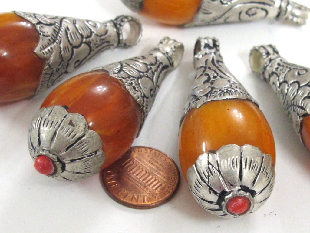 1 Pendant - Large Teardrop shape Tibetan silver color Lotus floral leaf design copal resin pendant Nepal - PM422K