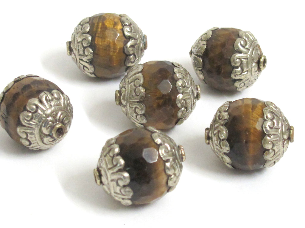 2 BEADS - Large thick Tibetan silver capped faceted Tigers eye gemstone bead 20 mm x 24mm - BD578K