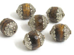 2 BEADS - Large thick Tibetan silver capped faceted Tigers eye gemstone bead 20 mm x 24mm - BD578K