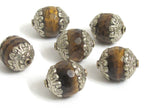 2 BEADS - Large thick Tibetan silver capped faceted Tigers eye gemstone bead 20 mm x 24mm - BD578K