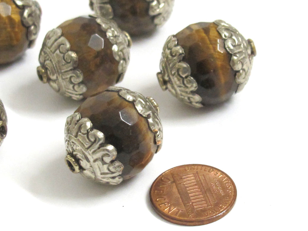 2 BEADS - Large thick Tibetan silver capped faceted Tigers eye gemstone bead 20 mm x 24mm - BD578K