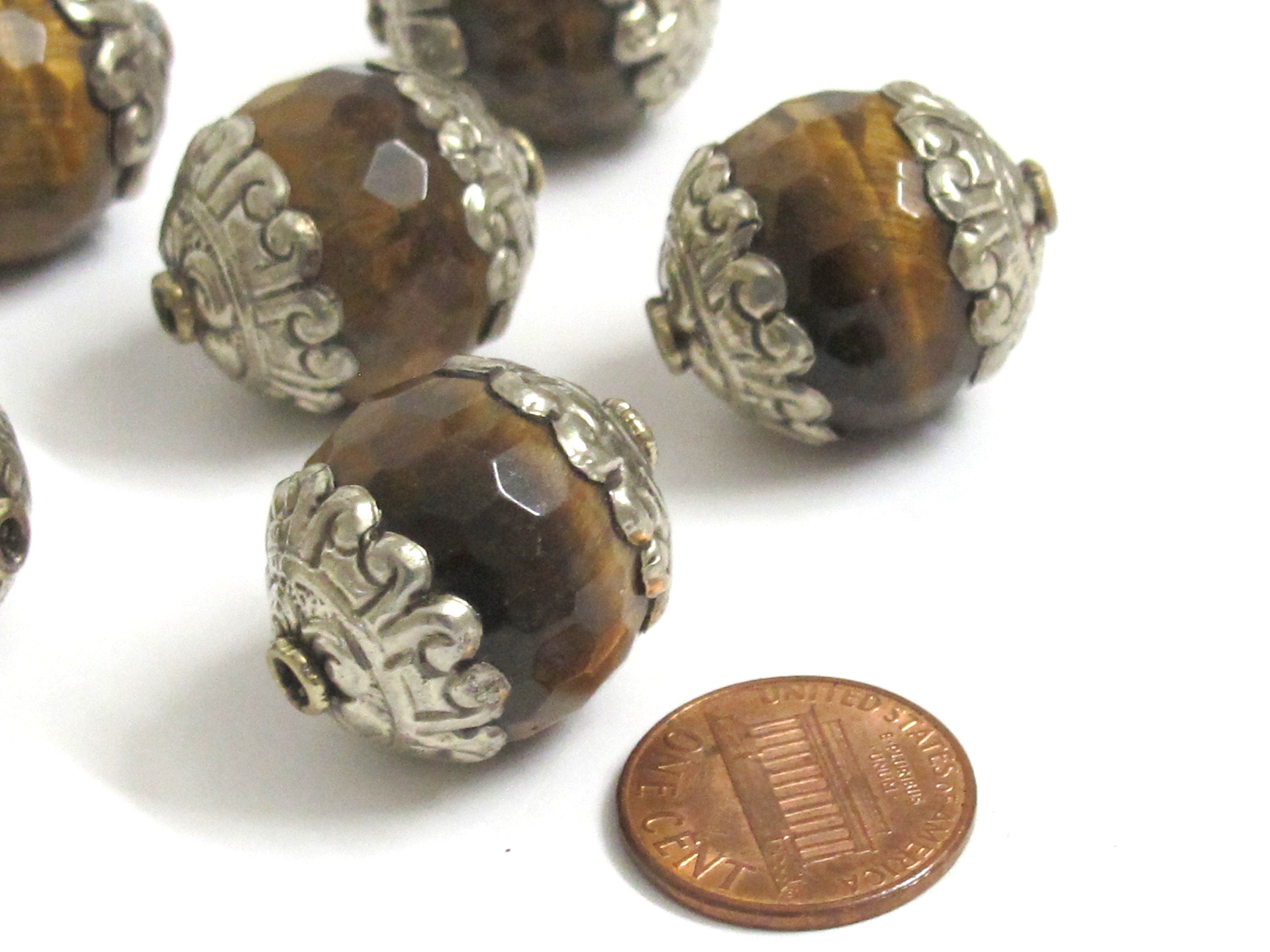 2 BEADS - Large thick Tibetan silver capped faceted Tigers eye gemstone bead 20 mm x 24mm - BD578K
