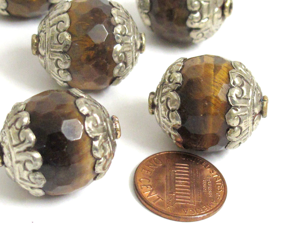 2 BEADS - Large thick Tibetan silver capped faceted Tigers eye gemstone bead 20 mm x 24mm - BD578K