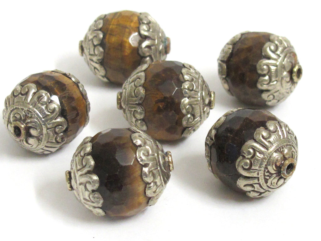 2 BEADS - Large thick Tibetan silver capped faceted Tigers eye gemstone bead 20 mm x 24mm - BD578K