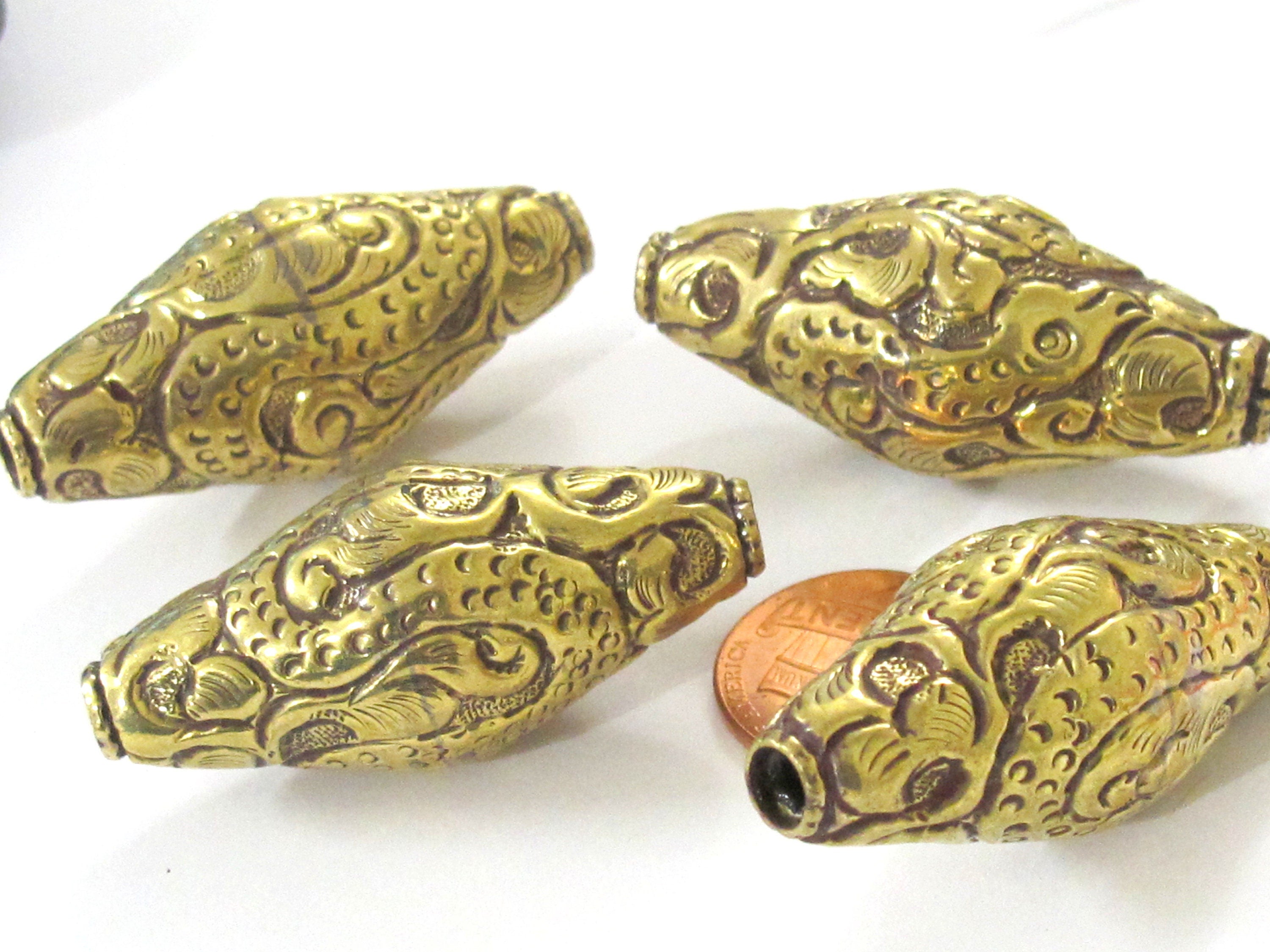 1 BEAD - Tibetan Large big bicone shape 44 mm Tibetan brass repousse dragon snake design beads Nepal - BD350K