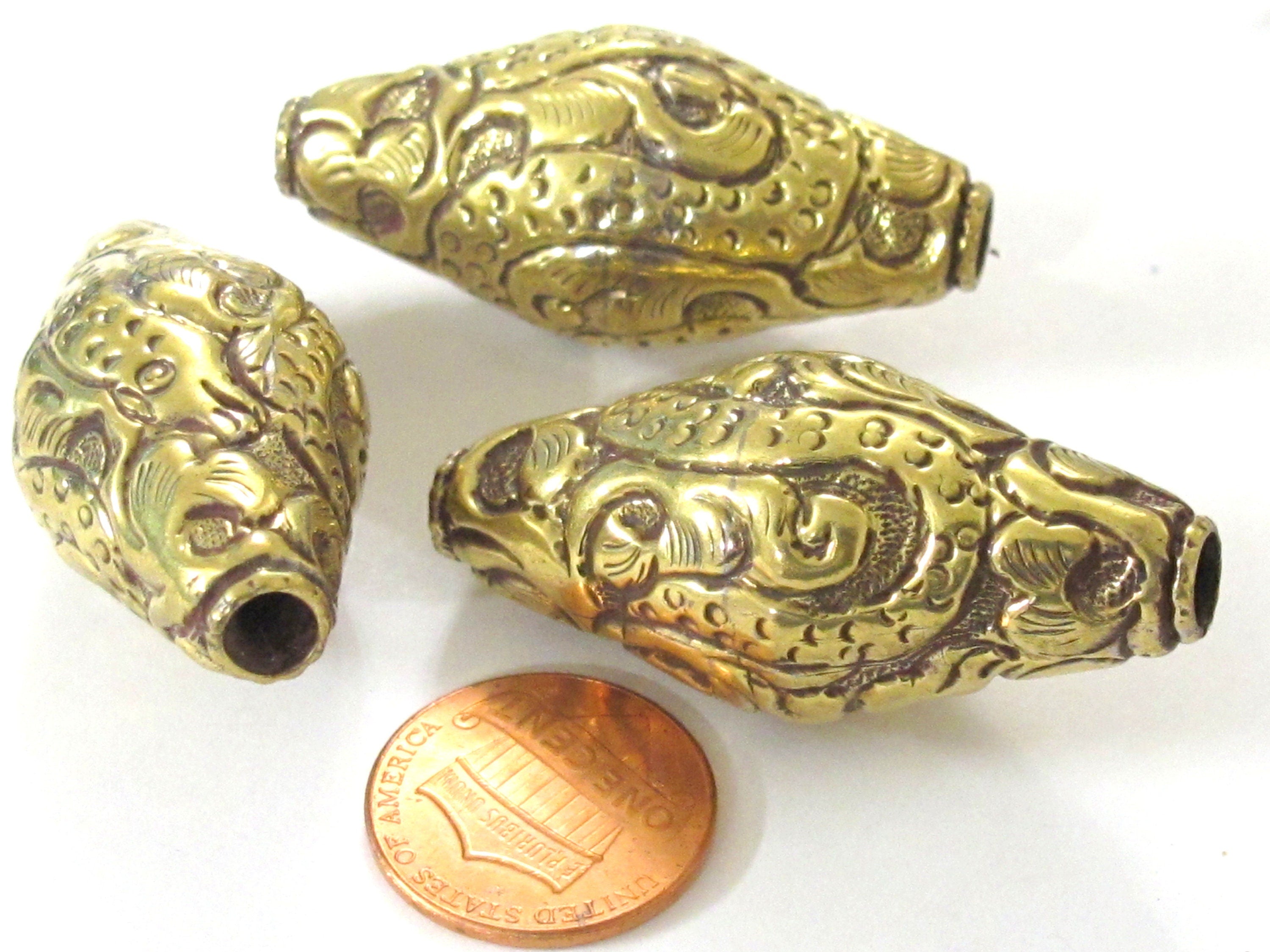 1 BEAD - Tibetan Large big bicone shape 44 mm Tibetan brass repousse dragon snake design beads Nepal - BD350K