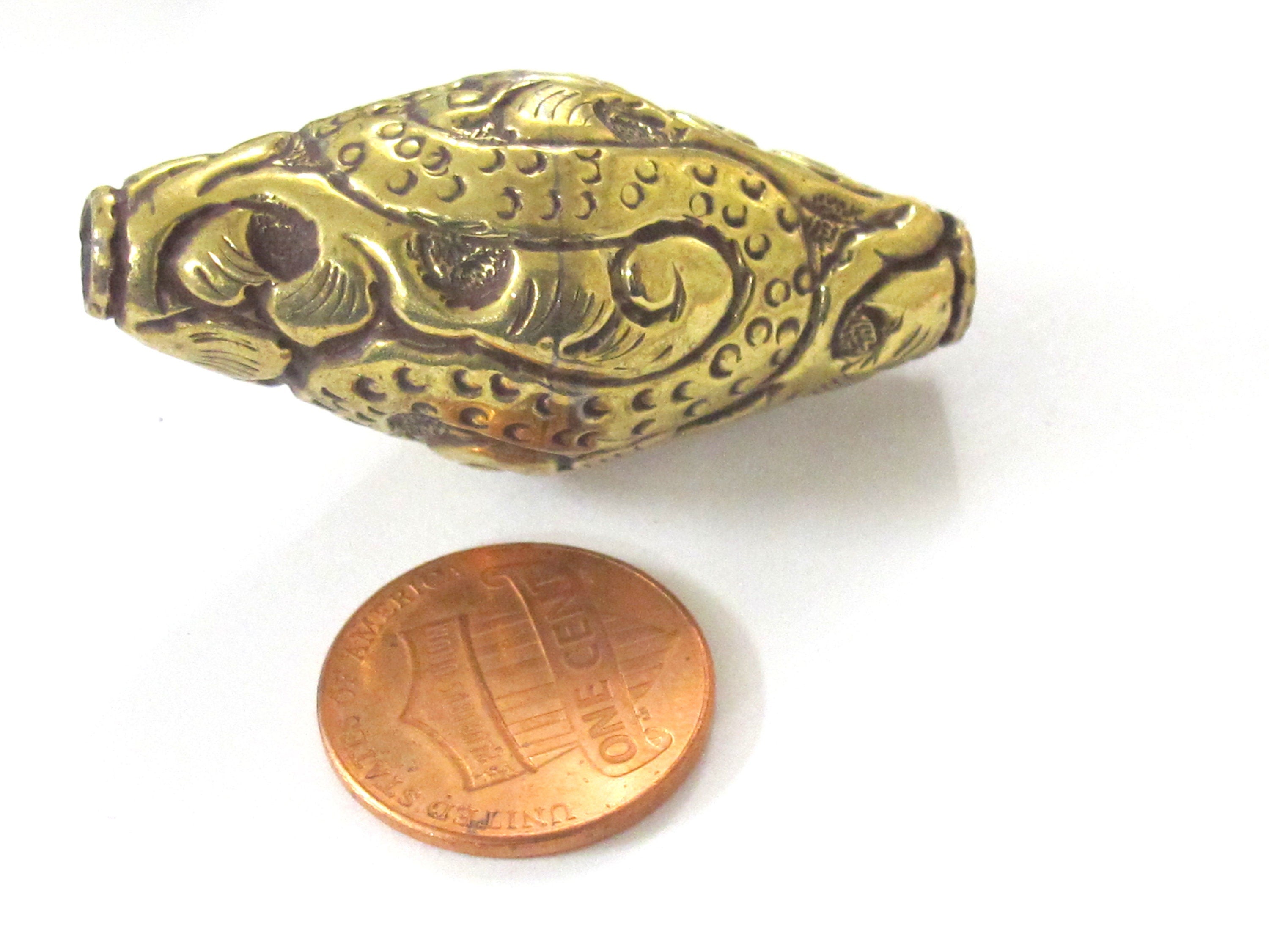 1 BEAD - Tibetan Large big bicone shape 44 mm Tibetan brass repousse dragon snake design beads Nepal - BD350K