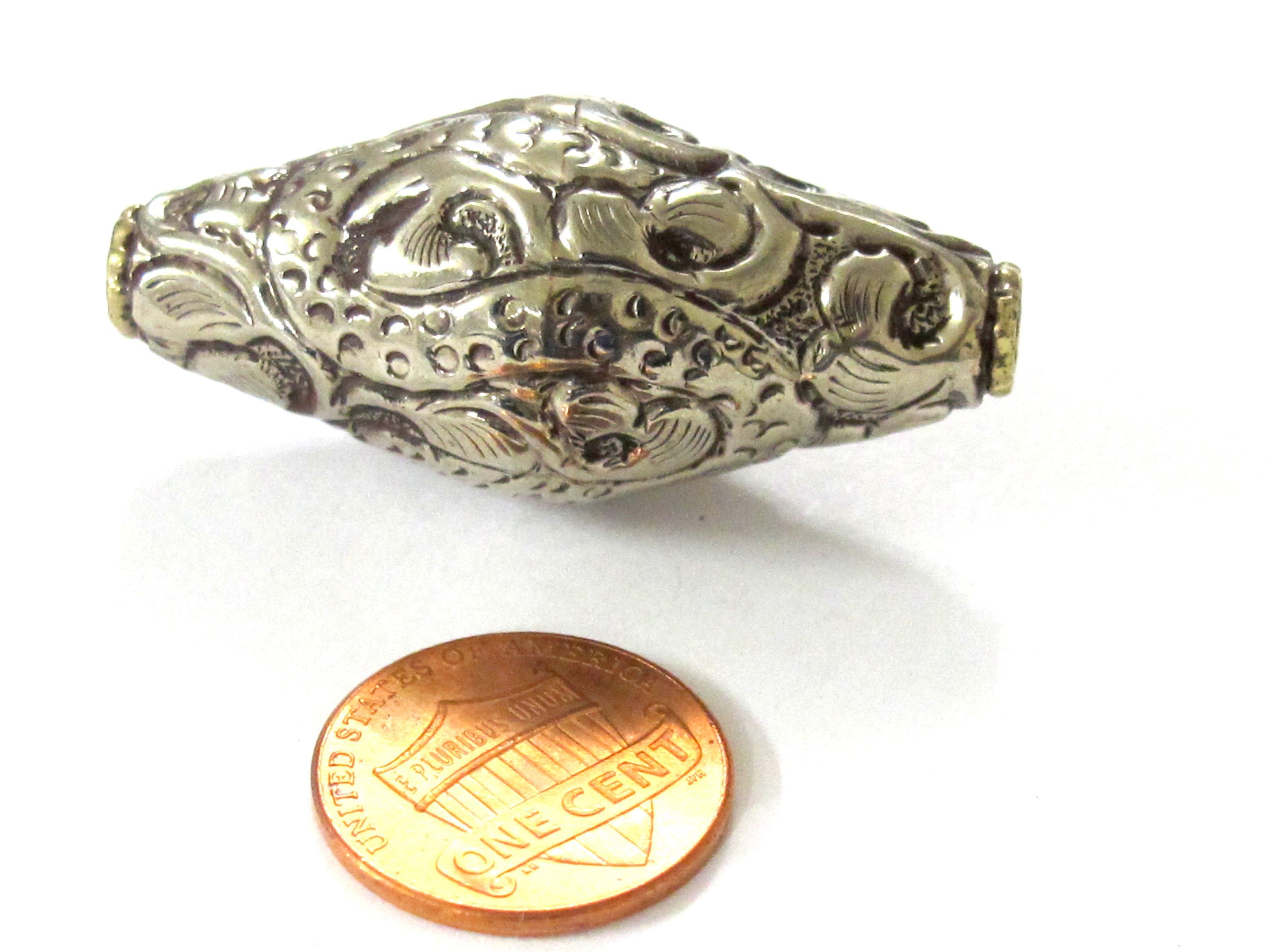 1 BEAD - Tibetan silver finish large bicone shape 44 mm repousse dragon snake design beads Nepal - BD350M