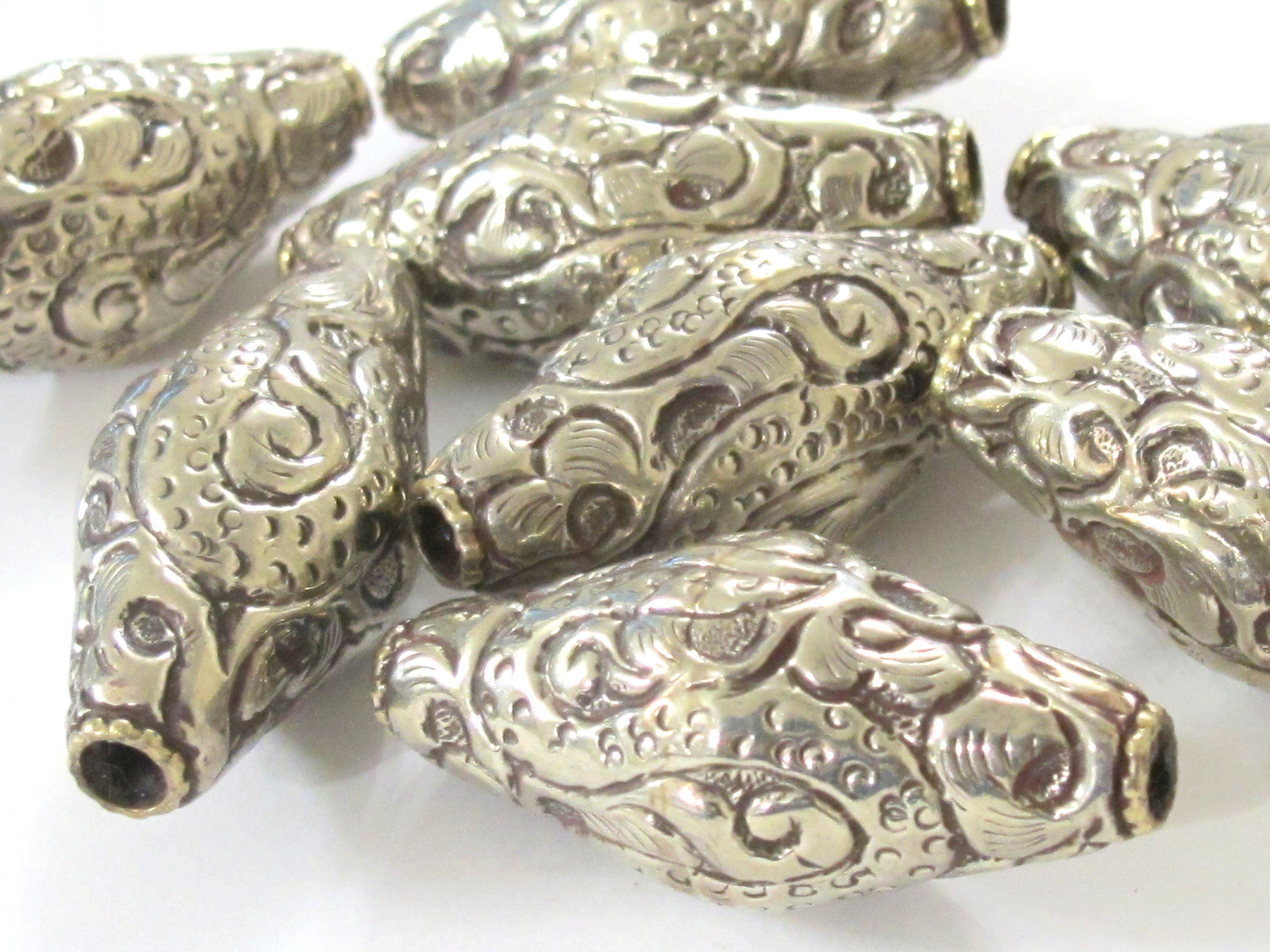 1 BEAD - Tibetan silver finish large bicone shape 44 mm repousse dragon snake design beads Nepal - BD350M