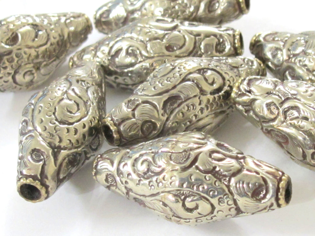 1 BEAD - Tibetan silver finish large bicone shape 44 mm repousse dragon snake design beads Nepal - BD350M