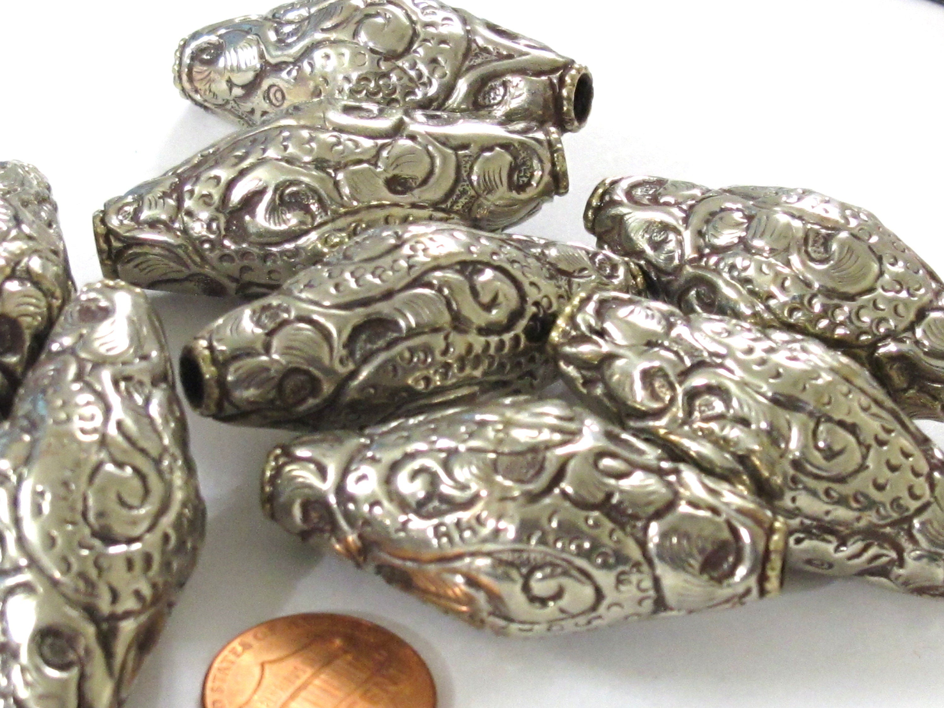 1 BEAD - Tibetan silver finish large bicone shape 44 mm repousse dragon snake design beads Nepal - BD350M