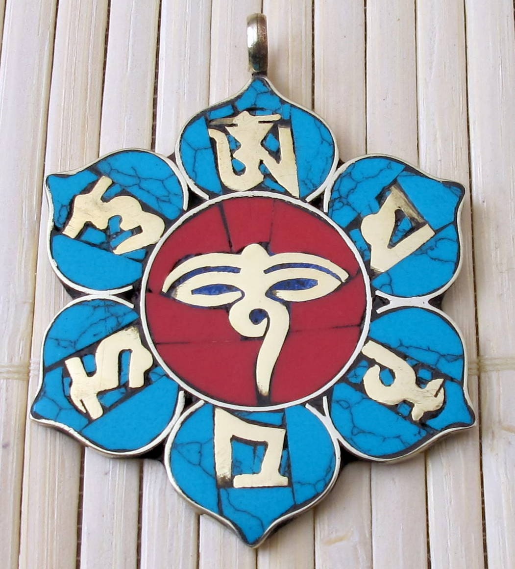 Tibetan lotus buddha eye om brass pendant with turquoise coral inlay- PM158