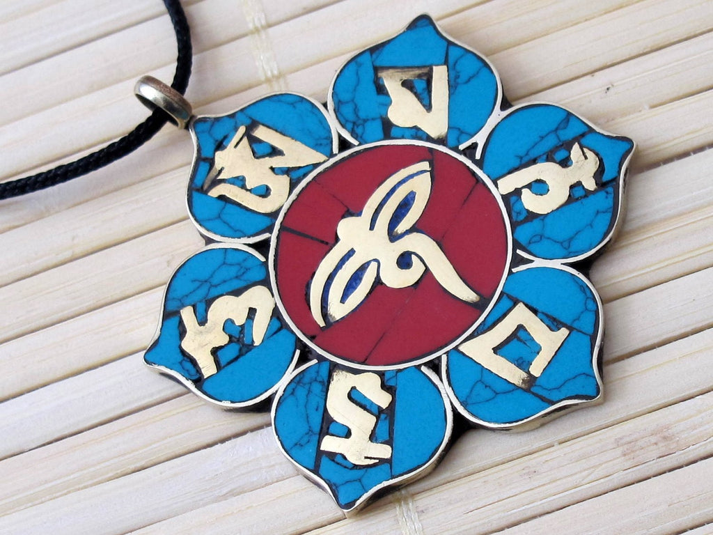 Tibetan lotus buddha eye om brass pendant with turquoise coral inlay- PM158