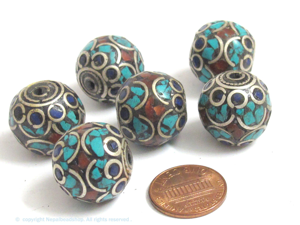 2 Beads - Large thick 20 mm oval ball shape Tibetan silver color turquoise lapis coral inlaid beads from Nepal - BD986