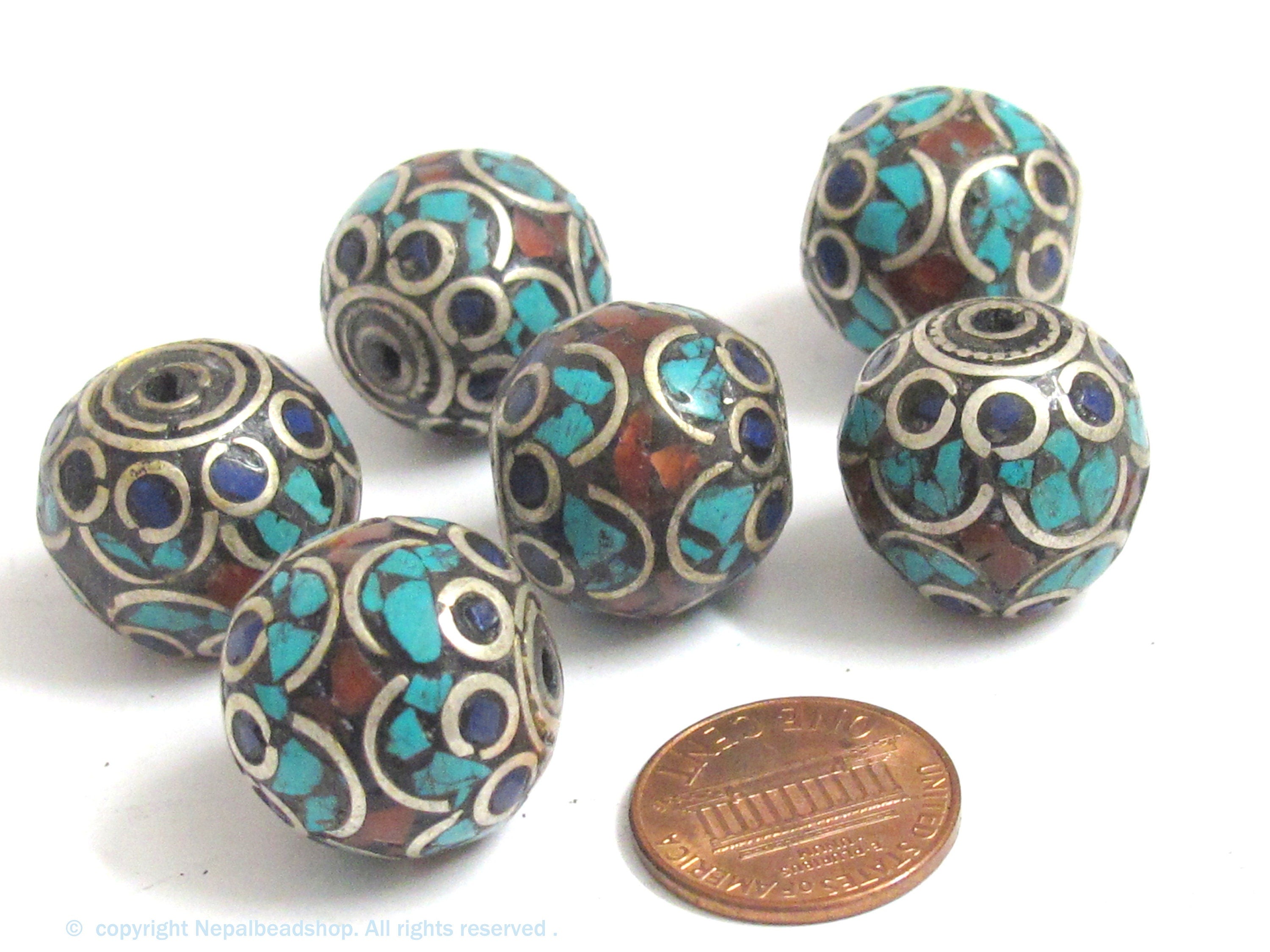 2 Beads - Large thick 20 mm oval ball shape Tibetan silver color turquoise lapis coral inlaid beads from Nepal - BD986