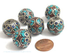 2 Beads - Large thick 20 mm oval ball shape Tibetan silver color turquoise lapis coral inlaid beads from Nepal - BD986
