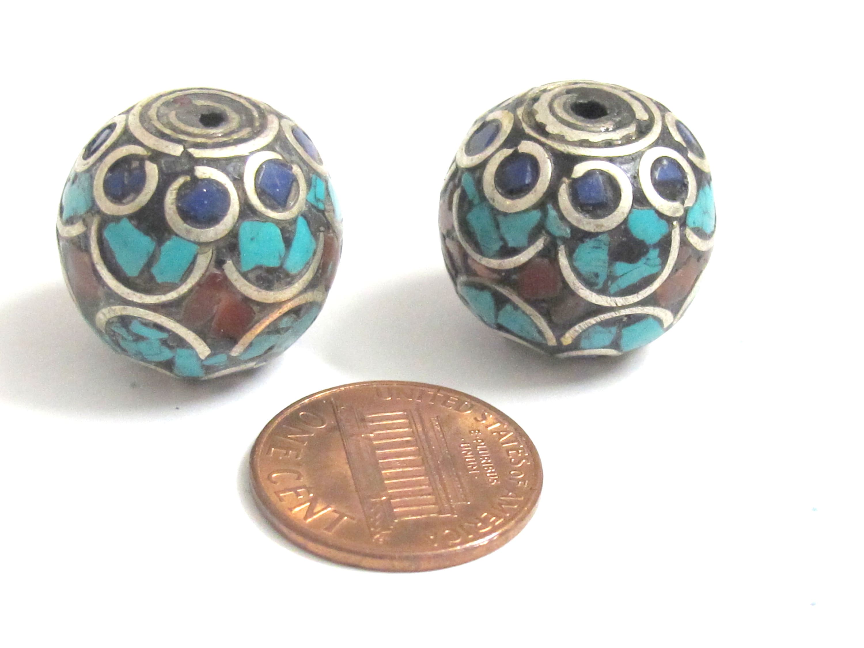2 Beads - Large thick 20 mm oval ball shape Tibetan silver color turquoise lapis coral inlaid beads from Nepal - BD986