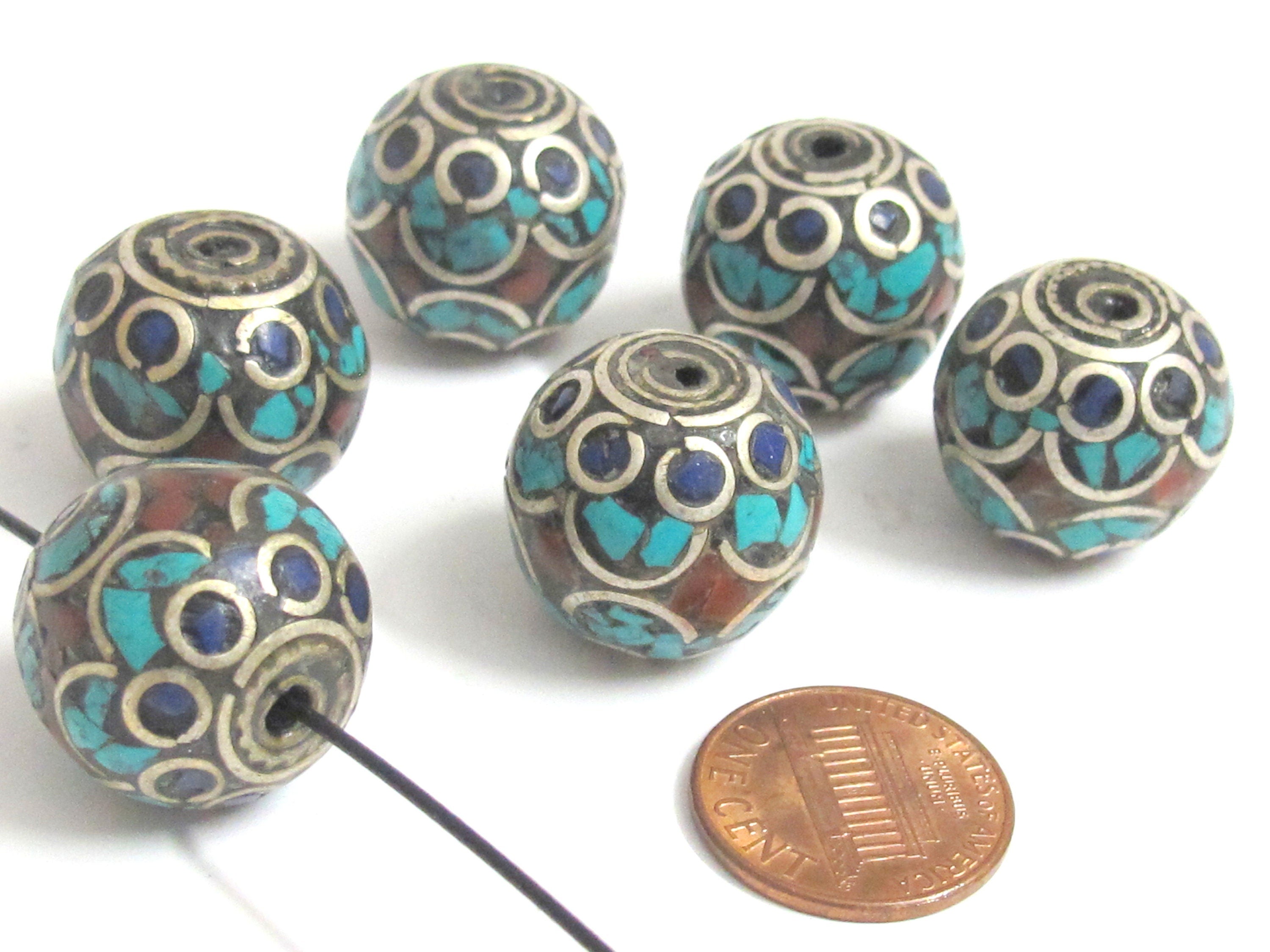 2 Beads - Large thick 20 mm oval ball shape Tibetan silver color turquoise lapis coral inlaid beads from Nepal - BD986