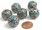 2 Beads - Large thick 20 mm oval ball shape Tibetan silver color turquoise lapis coral inlaid beads from Nepal - BD986