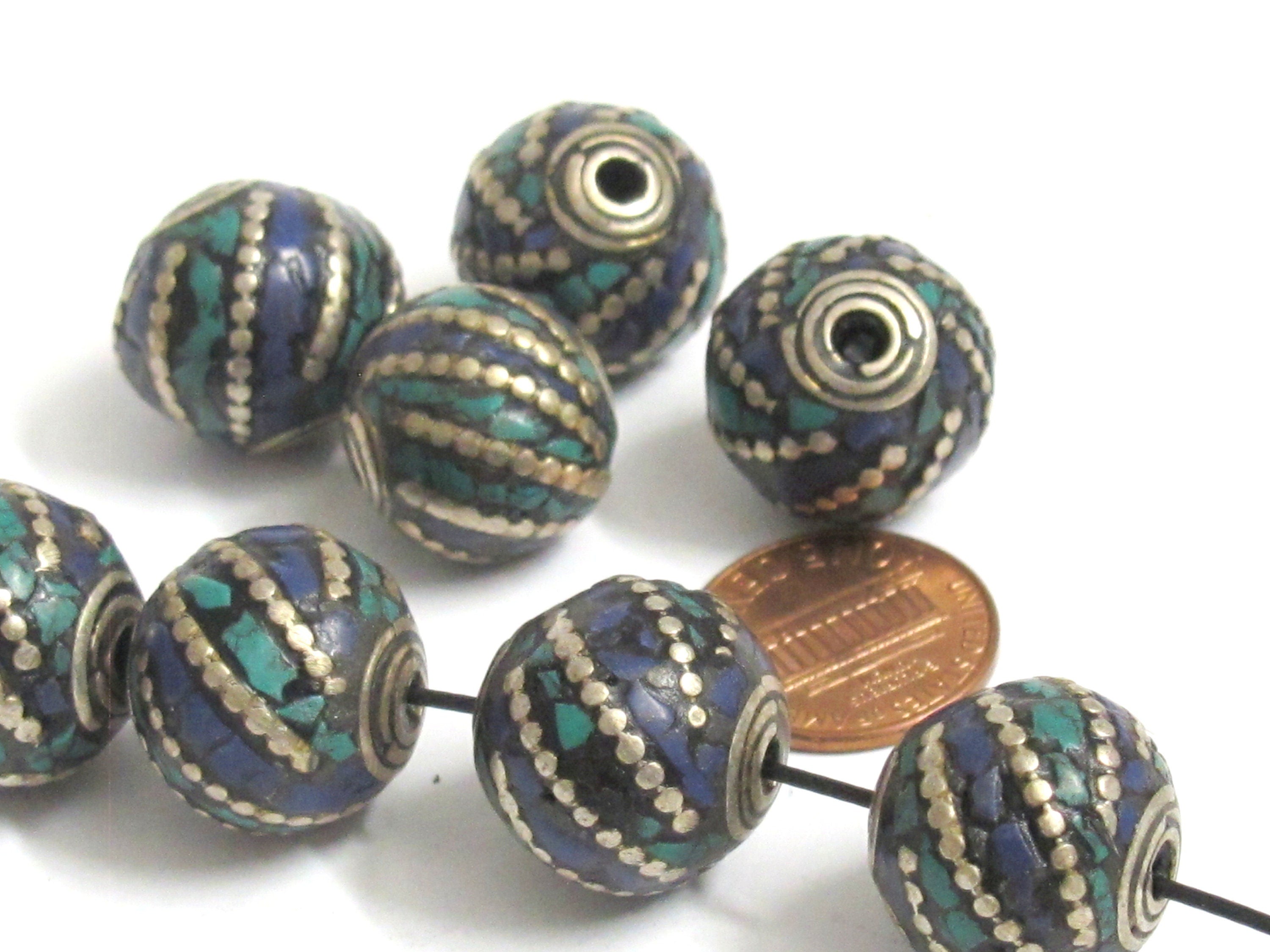2 Beads -Tibetan beads nepal beads tibet beads Thick oval ball shape Tibetan silver color turquoise lapis inlaid beads from Nepal - BD987