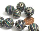 2 Beads -Tibetan beads nepal beads tibet beads Thick oval ball shape Tibetan silver color turquoise lapis inlaid beads from Nepal - BD987