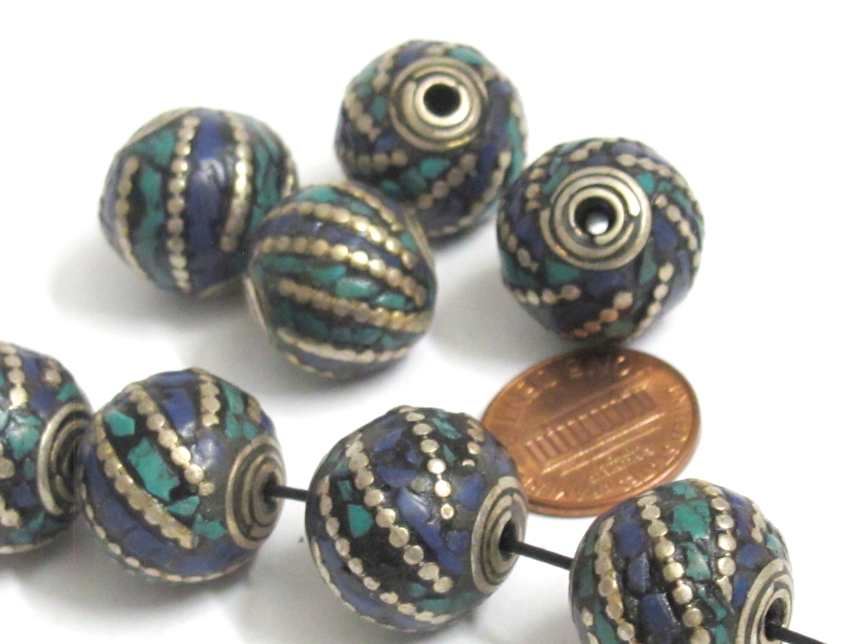2 Beads -Tibetan beads nepal beads tibet beads Thick oval ball shape Tibetan silver color turquoise lapis inlaid beads from Nepal - BD987