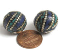 2 Beads -Tibetan beads nepal beads tibet beads Thick oval ball shape Tibetan silver color turquoise lapis inlaid beads from Nepal - BD987