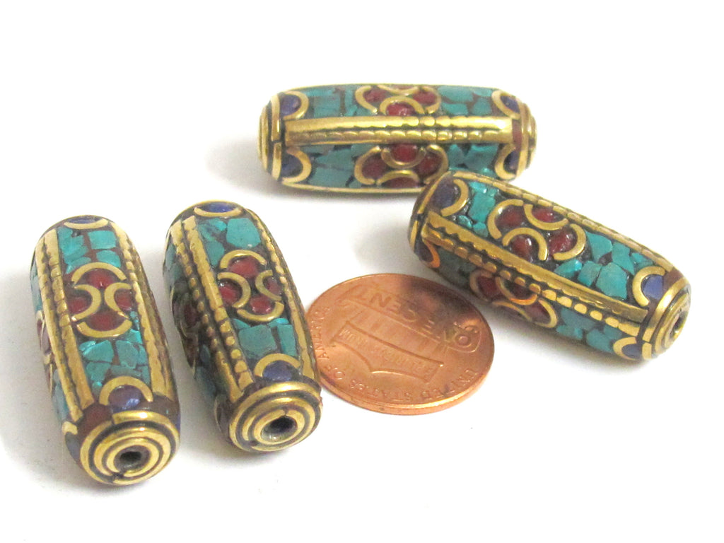 1 bead - Long tubular brass bead turquoise lapis inlaid from Nepal - BD988