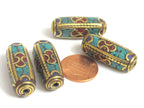 1 bead - Long tubular brass bead turquoise lapis inlaid from Nepal - BD988