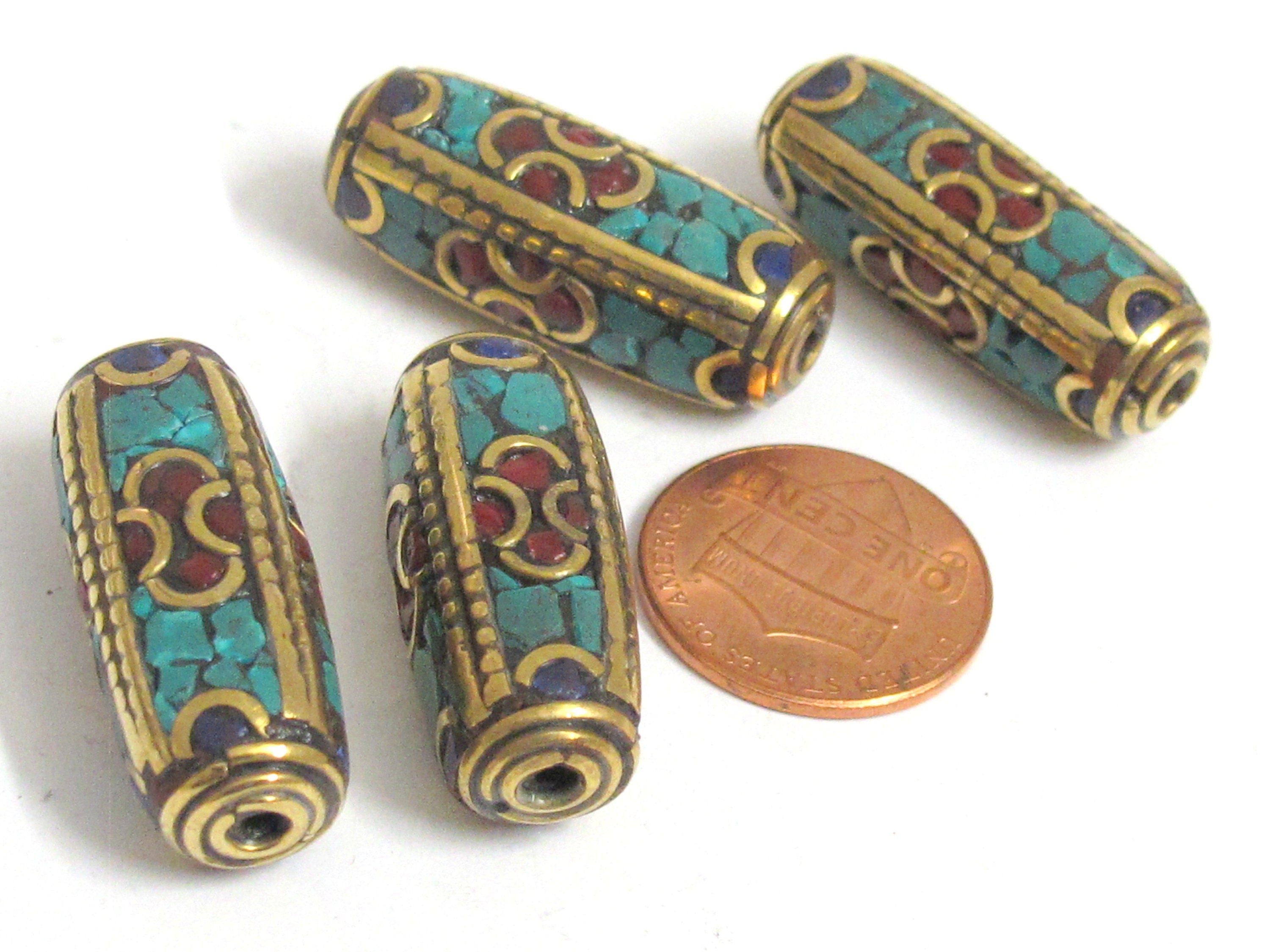 1 bead - Long tubular brass bead turquoise lapis inlaid from Nepal - BD988