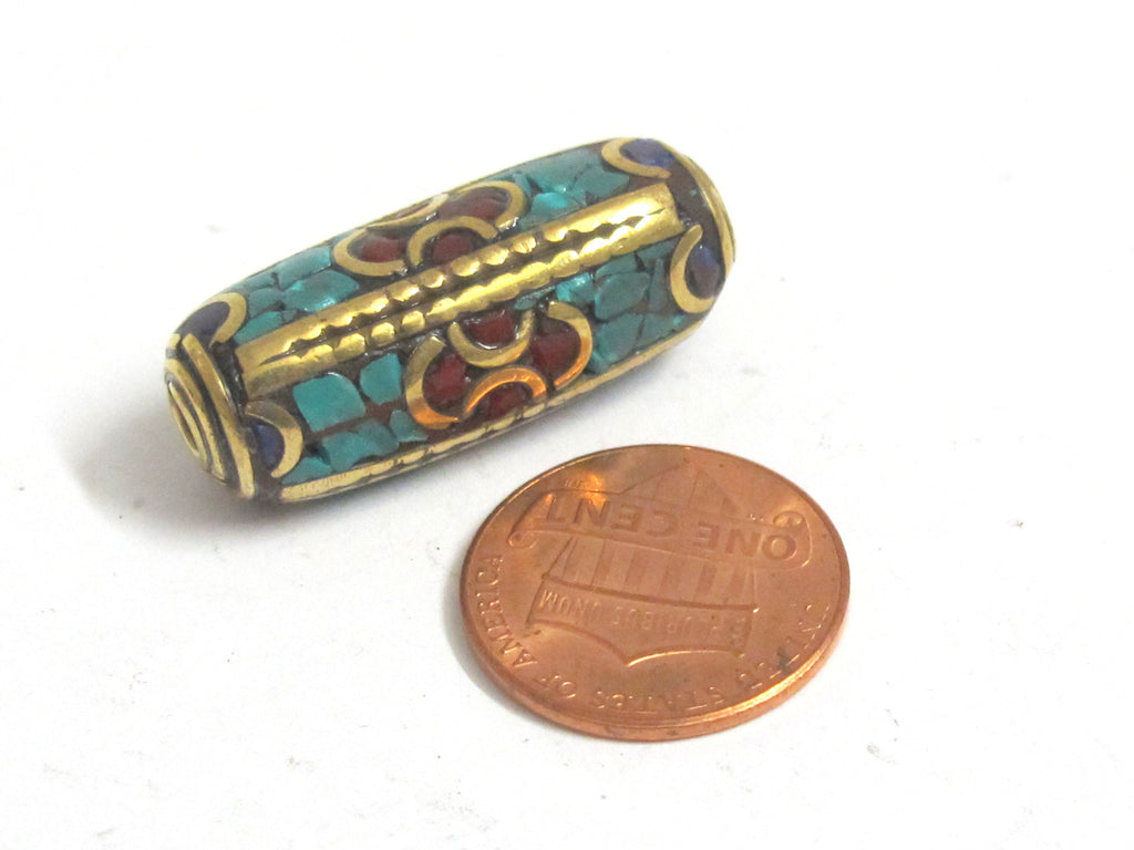 1 bead - Long tubular brass bead turquoise lapis inlaid from Nepal - BD988