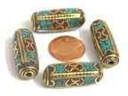 1 bead - Long tubular brass bead turquoise lapis inlaid from Nepal - BD988