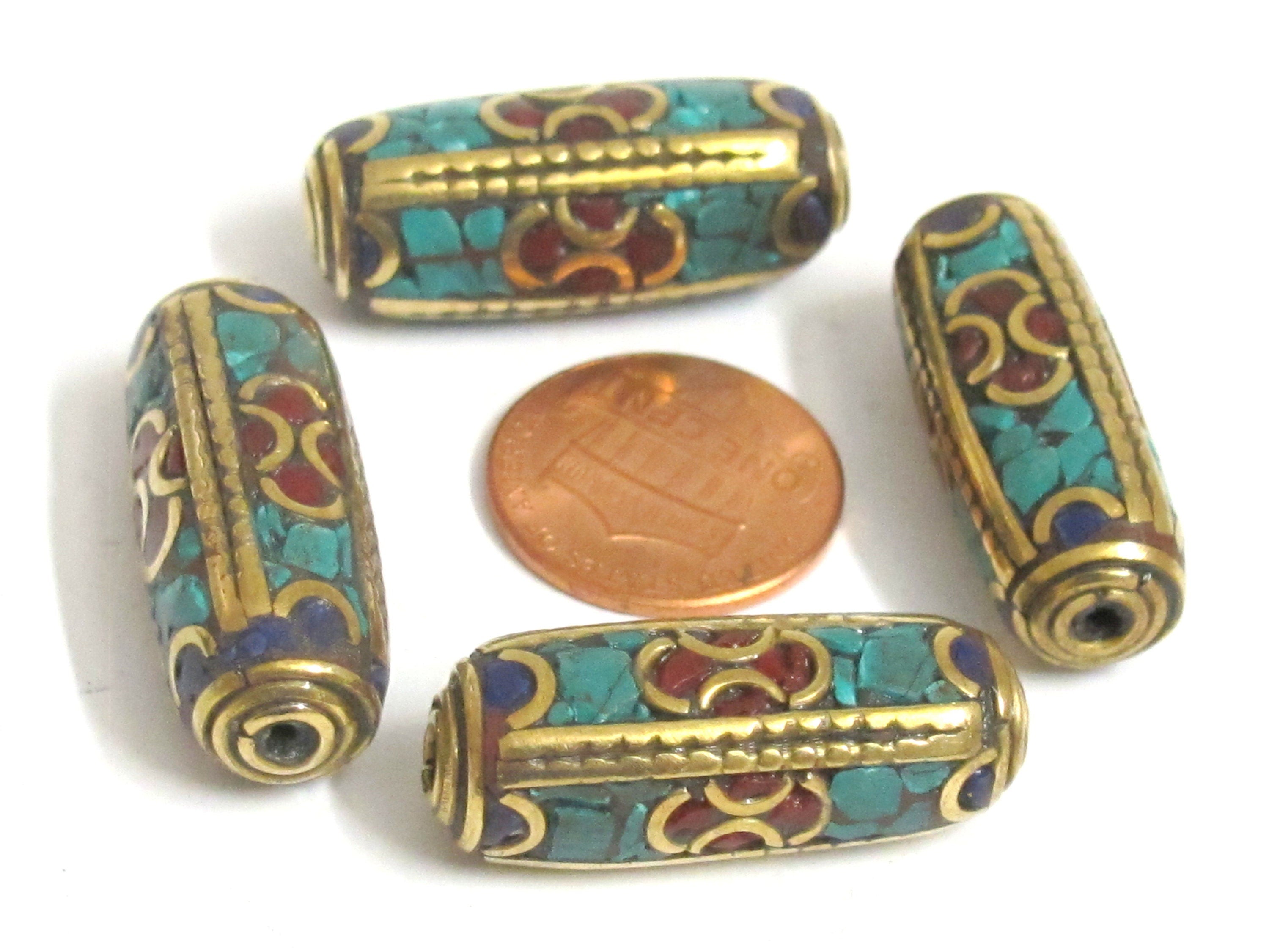 1 bead - Long tubular brass bead turquoise lapis inlaid from Nepal - BD988