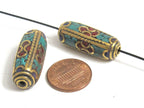 1 bead - Long tubular brass bead turquoise lapis inlaid from Nepal - BD988