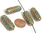 1 bead - Long tubular brass bead turquoise lapis inlaid from Nepal - BD988