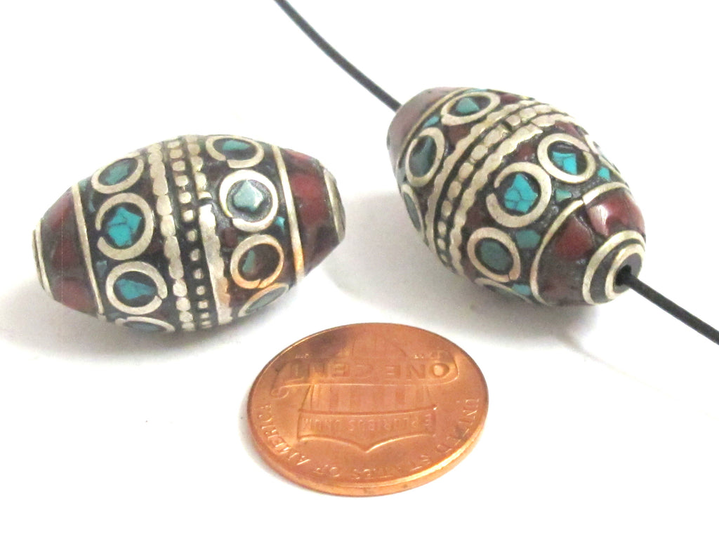 2 Beads -Tibetan Beads - nepalese beads - tibetan craft - Beautiful bicone shape Tibetan silver color turquoise inlaid beads - BD989
