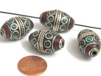 2 Beads -Tibetan Beads - nepalese beads - tibetan craft - Beautiful bicone shape Tibetan silver color turquoise inlaid beads - BD989