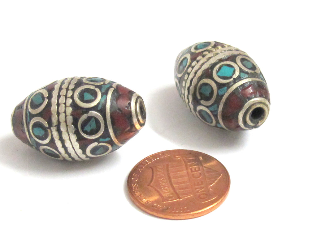 2 Beads -Tibetan Beads - nepalese beads - tibetan craft - Beautiful bicone shape Tibetan silver color turquoise inlaid beads - BD989