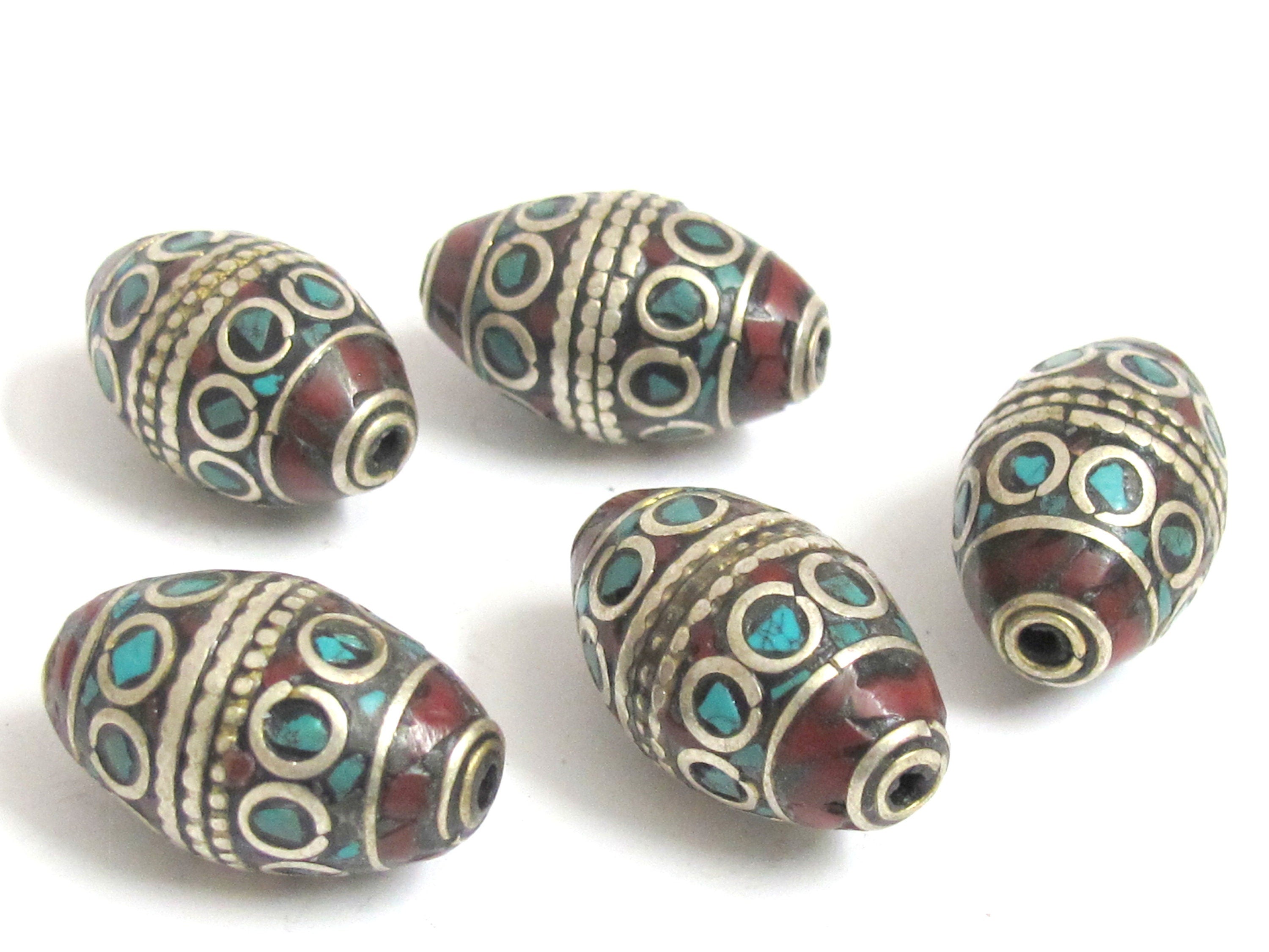 2 Beads -Tibetan Beads - nepalese beads - tibetan craft - Beautiful bicone shape Tibetan silver color turquoise inlaid beads - BD989