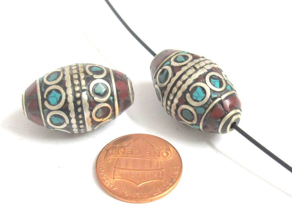 2 Beads -Tibetan Beads - nepalese beads - tibetan craft - Beautiful bicone shape Tibetan silver color turquoise inlaid beads - BD989